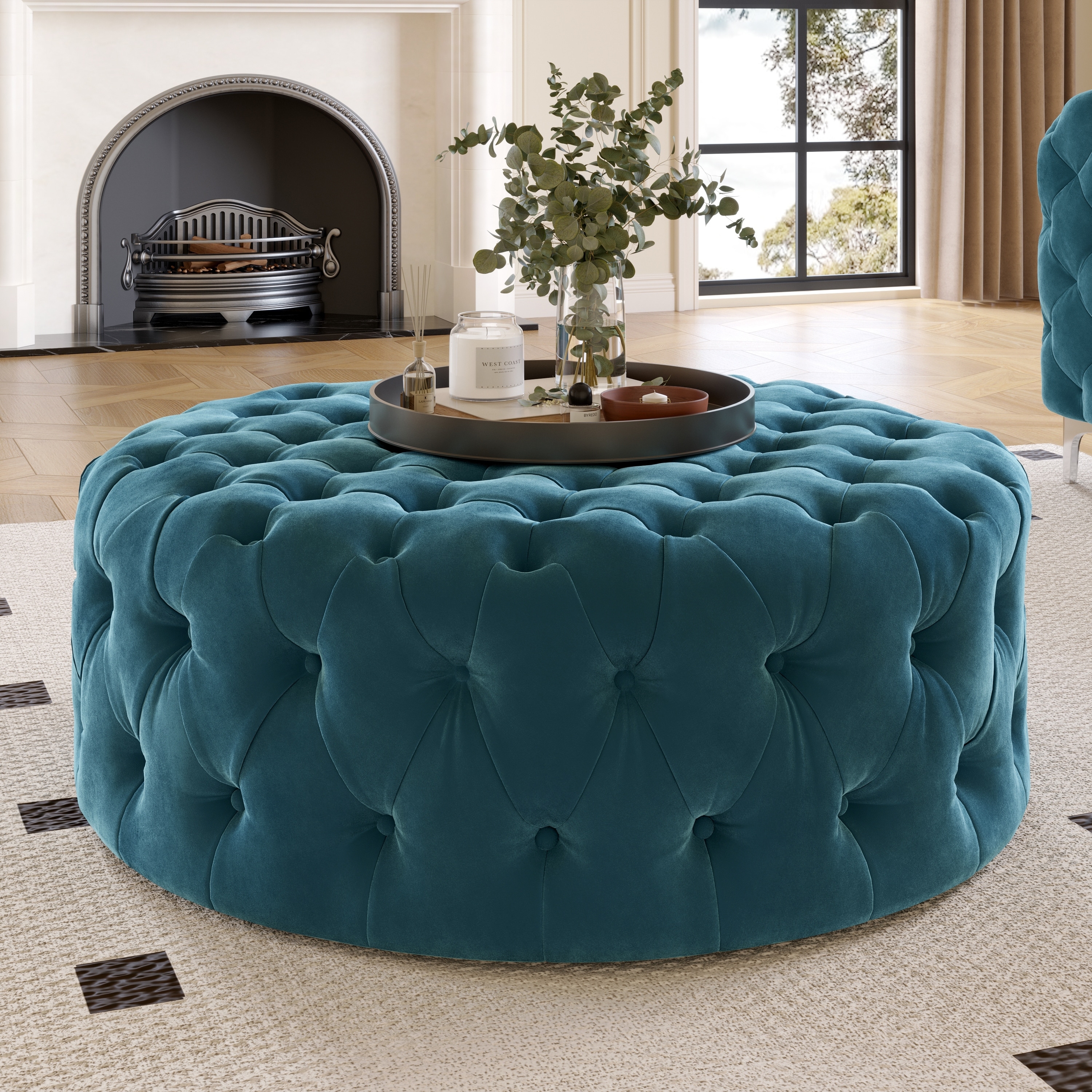 Round Ottoman: Teal Velvet Button Tufted Sides Cocktail Seat