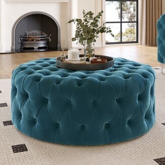 Round Ottoman: Teal Velvet Button Tufted Sides Cocktail Seat