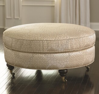 Round Ottoman: Tonal Floral Pattern Metal Casters Bun Feet