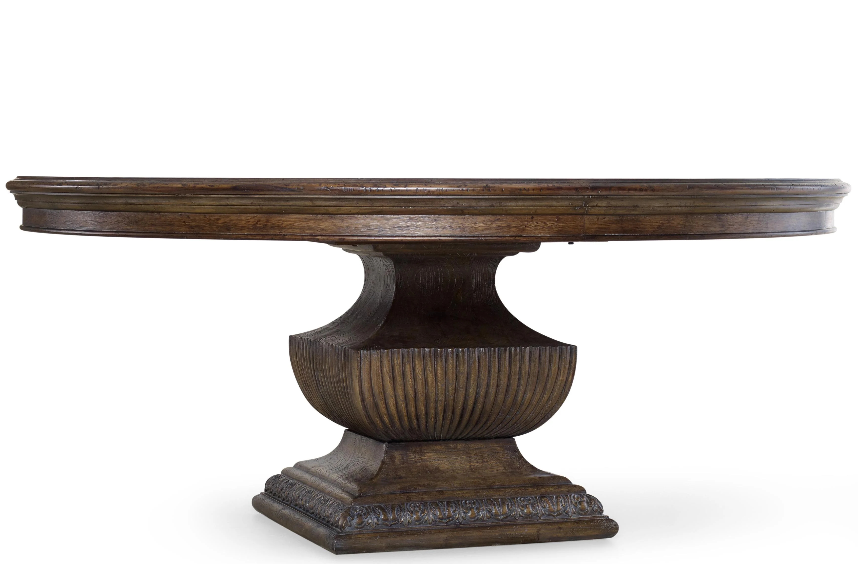 Round Pedestal Table 72 Inch Dark Walnut with Ornate Gadrooned Base.
