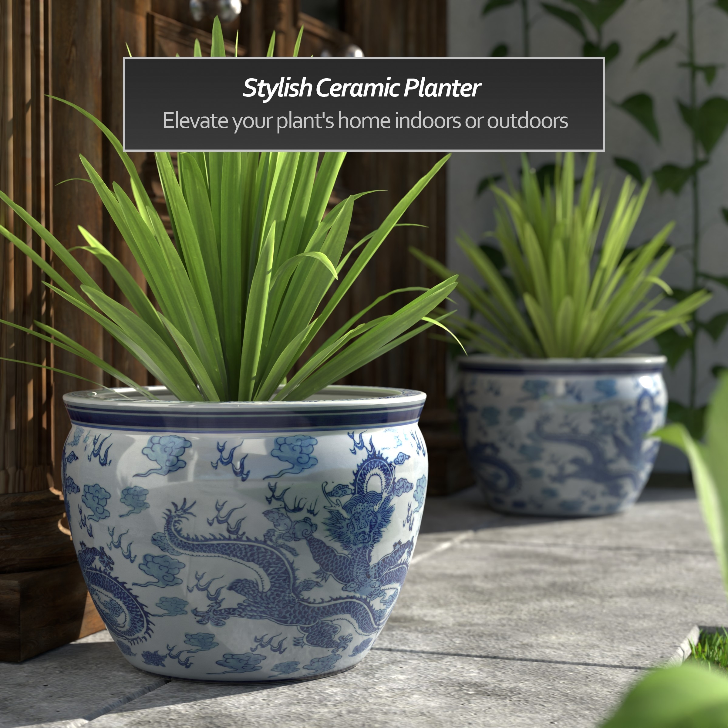 Round Planter: Dragon Motif Glossy Glaze & Porcelain Garden Pot