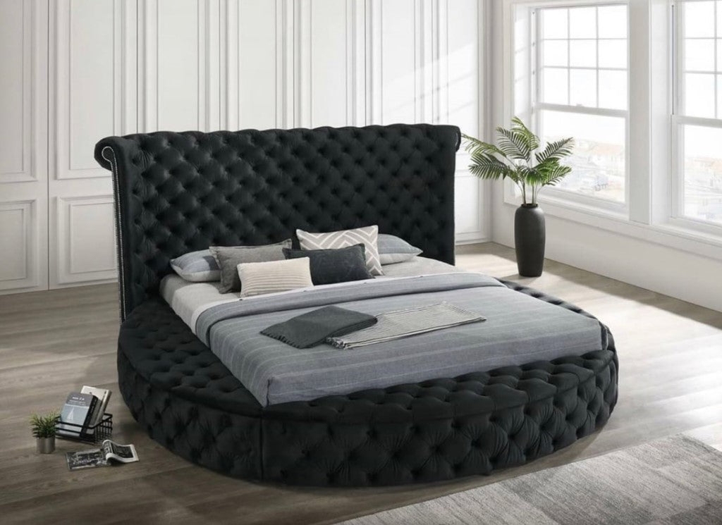 Round Platform Bed Matte Black Diamond Tufted Curved Wingback Glam