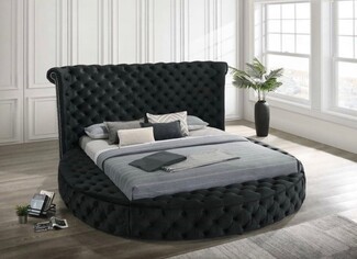Round Platform Bed Matte Black Diamond Tufted Curved Wingback Glam