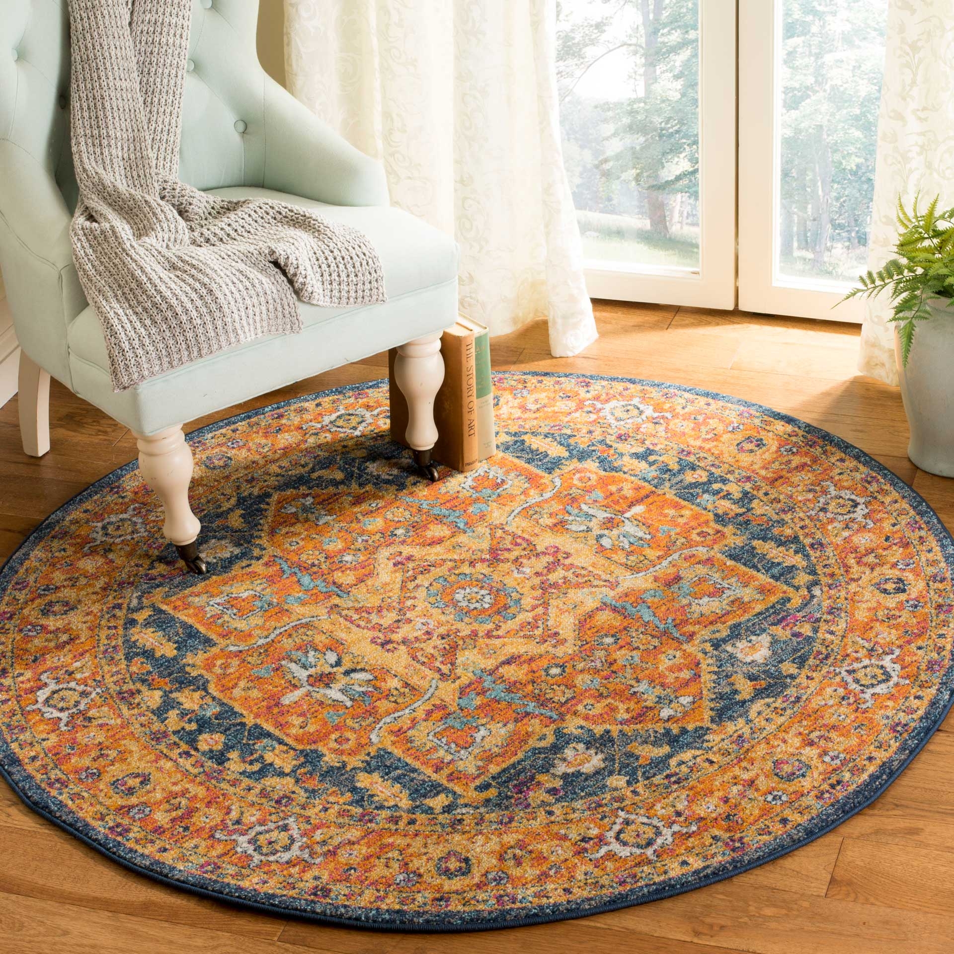 Round Rug Circular Shape Bohemian Round Orange Navy Rug