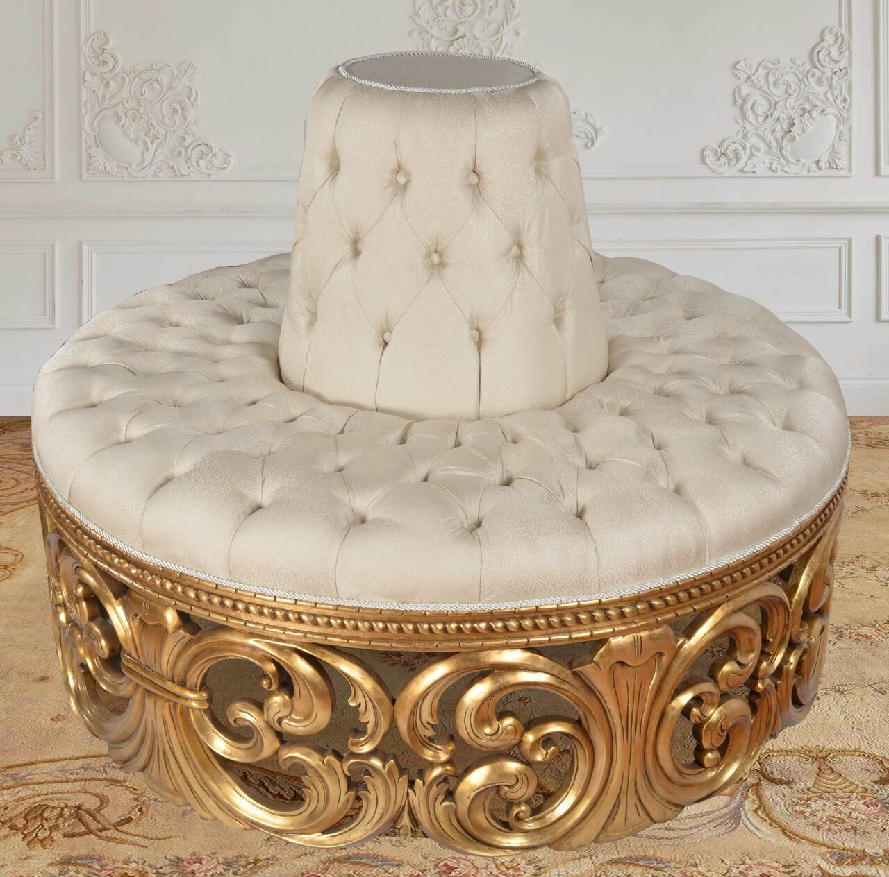 Round Settee featuring Ornate Scrollwork Base and Gold Gilt