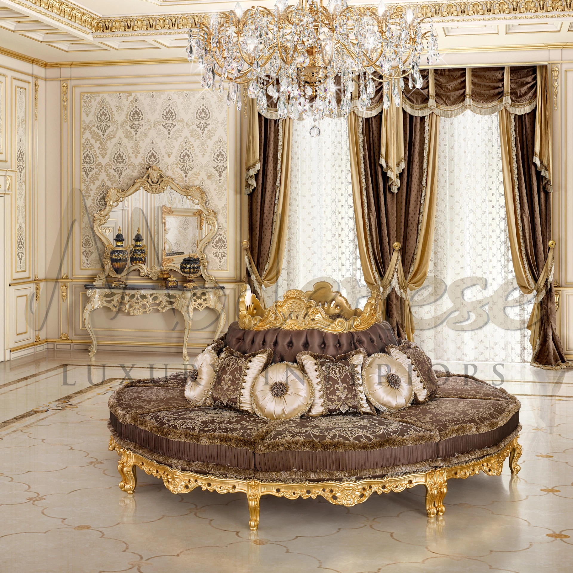 Round Sofa featuring Gold Leaf Frame and Medallion Pillows
