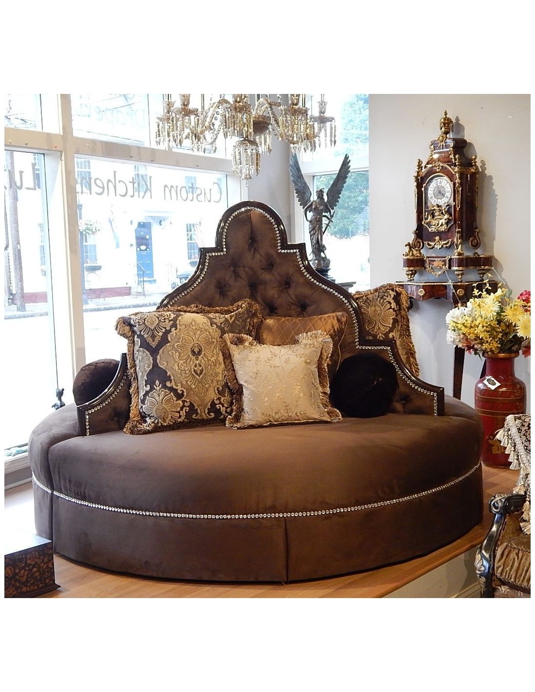 Round Sofa showcasing Scalloped Tufted Back and Crystal Trim