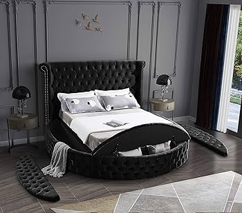 Round Storage Bed Black Velvet Deep Button Tufted Glam Wingback
