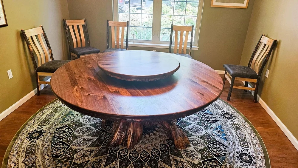 Round Walnut Dining Table 72 Inch with Rustic Cedar Stump Base.