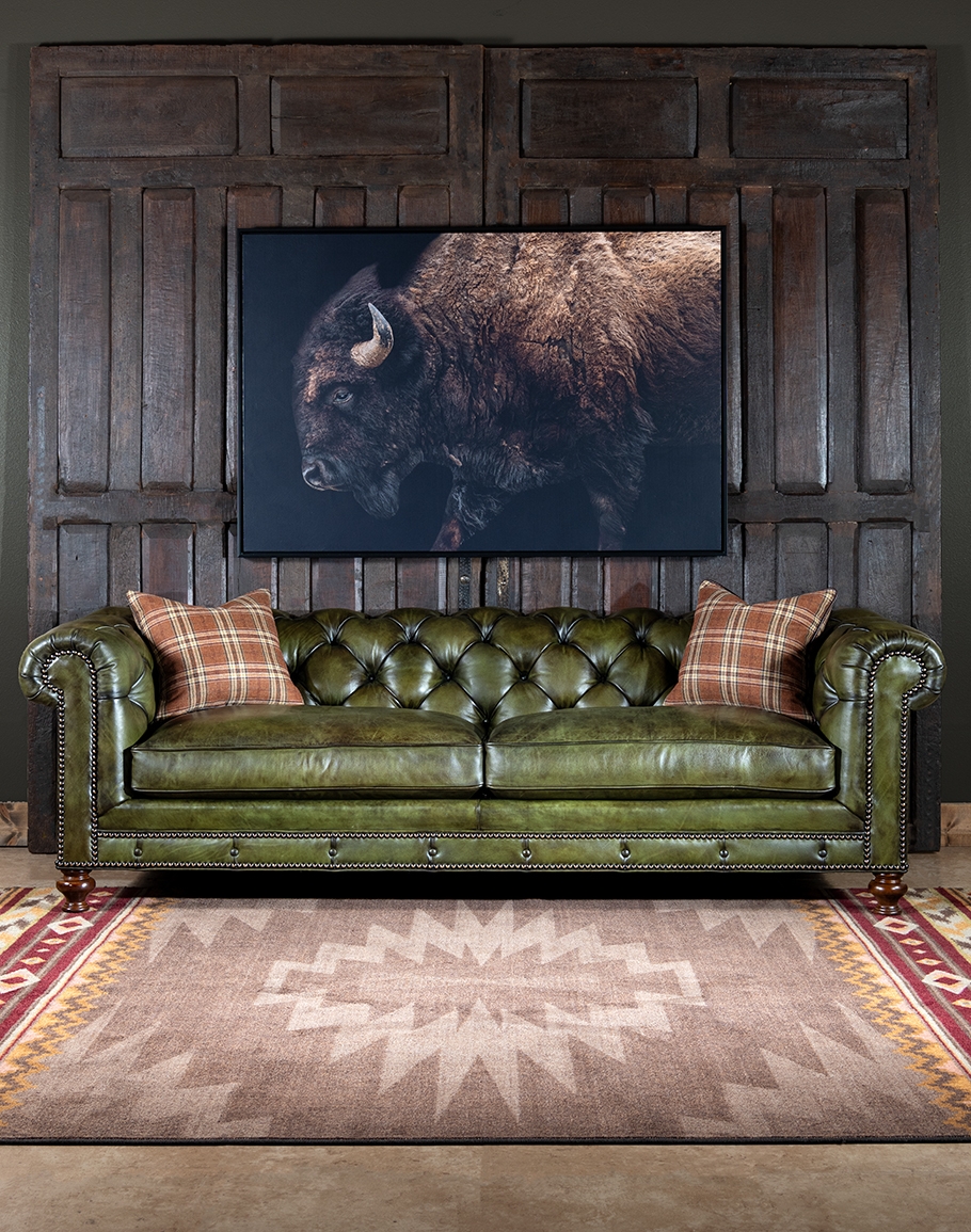 Rustic Lodge Chesterfield Sofa with Twin Seat Cushions in Olive Leather