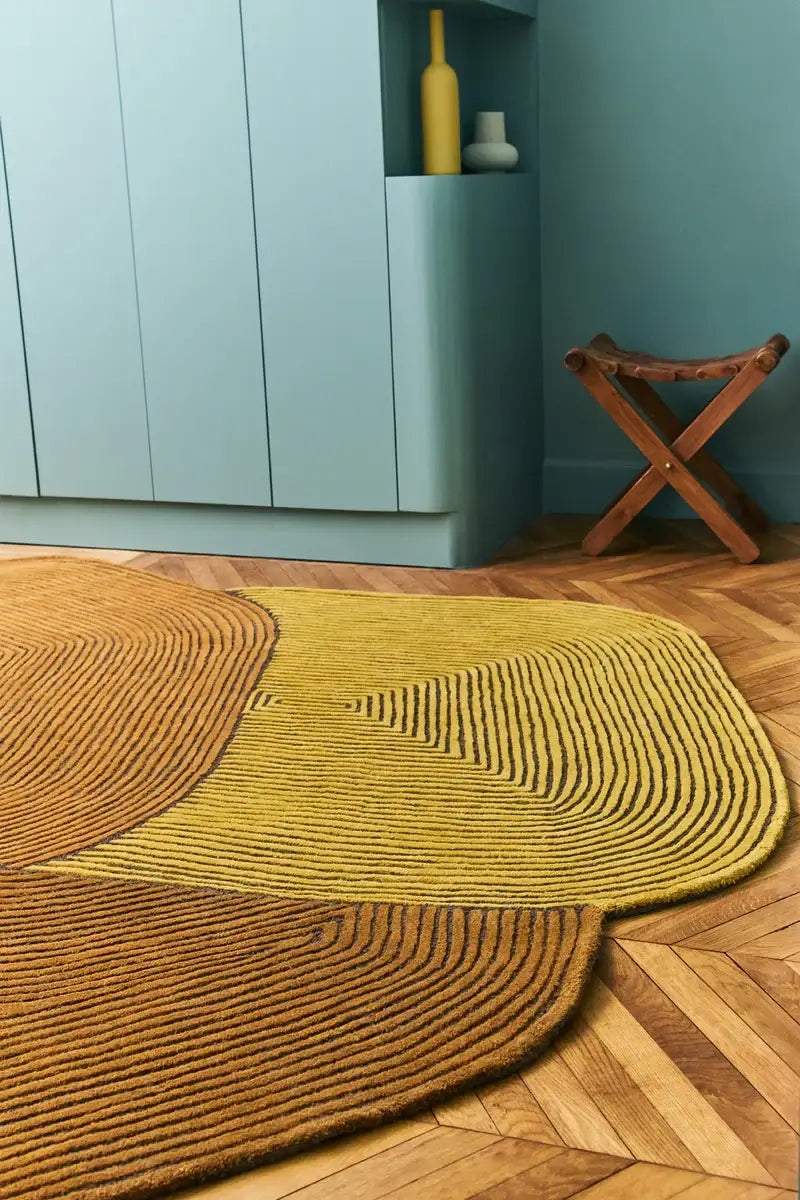 Saffron Yellow Lobed Area Rug with Textured Concentric Design.