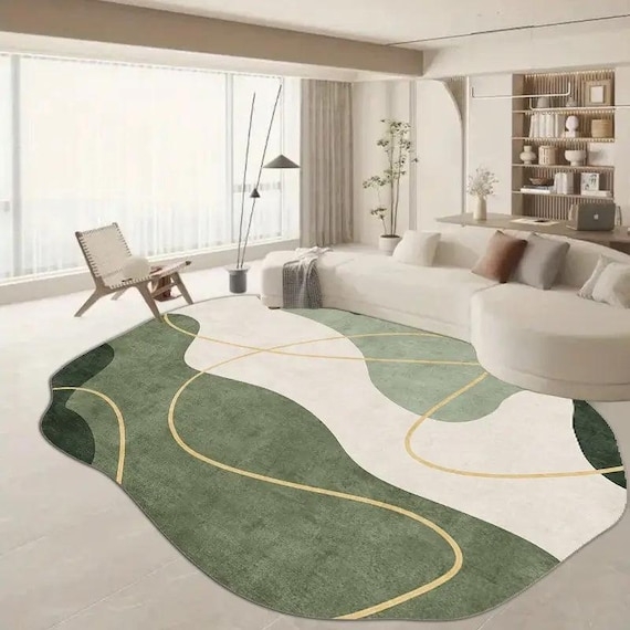 Sage Green Abstract Carpet with Gold Linework and Organic Forms.