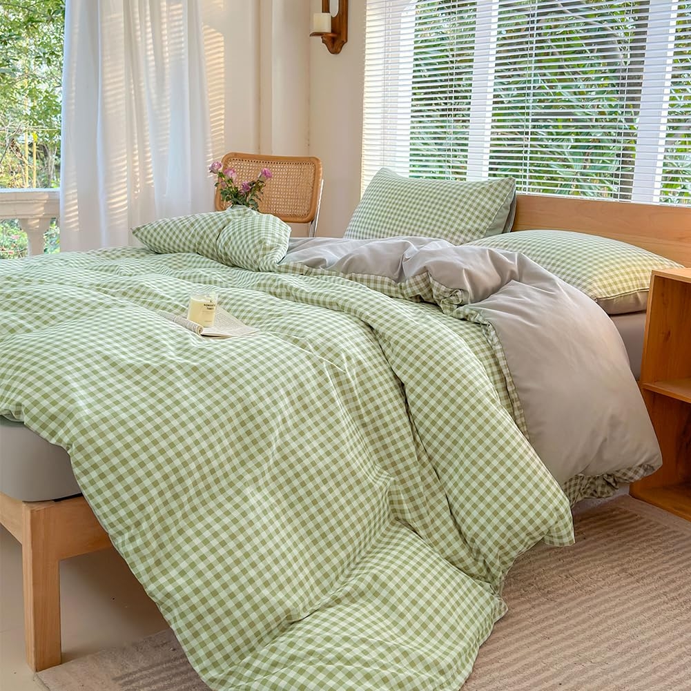 Sage Green Duvet Cover Set | Reversible Grid Pattern