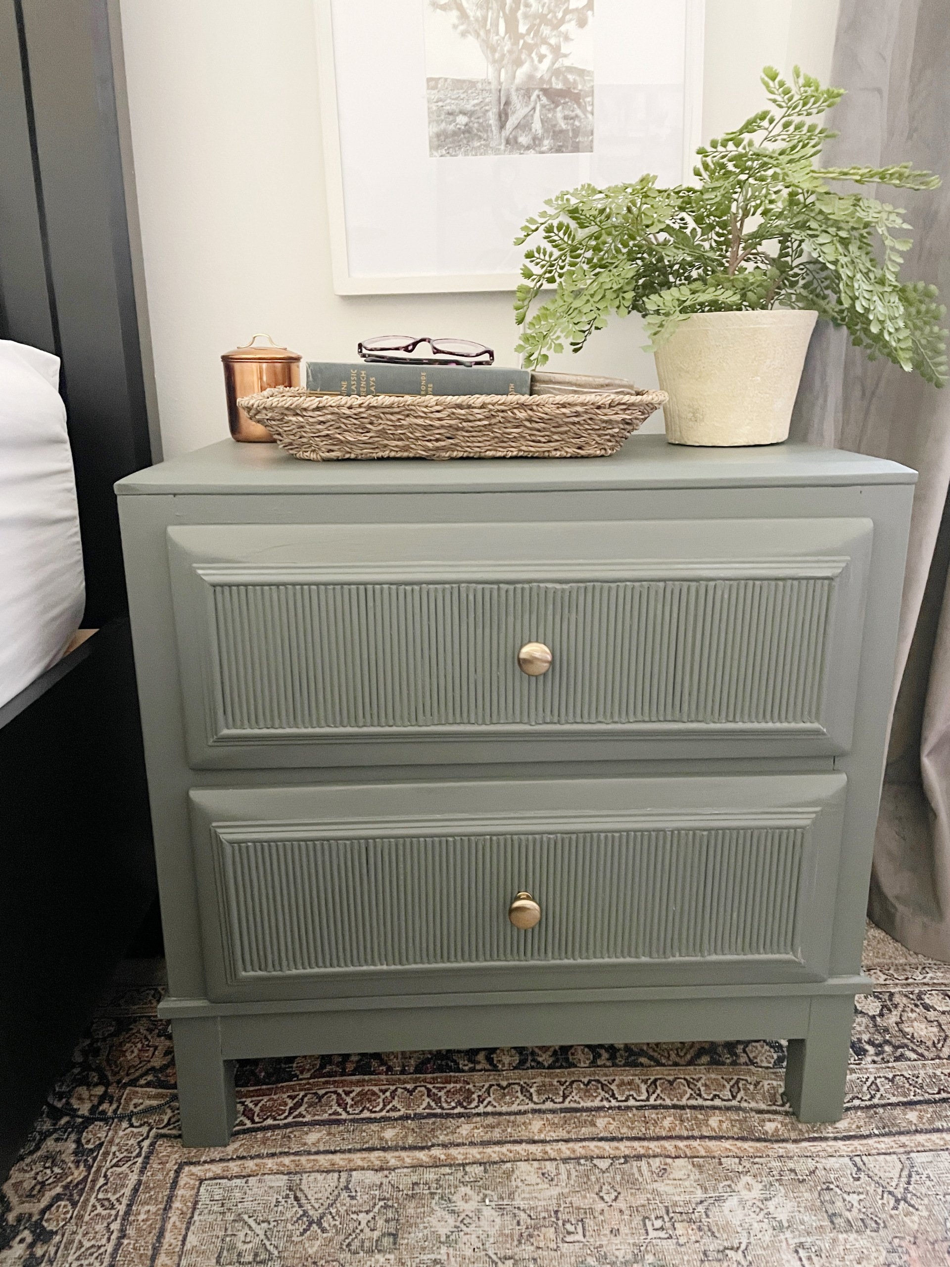Sage Green Nightstand with Elegant Round Brass Knobs