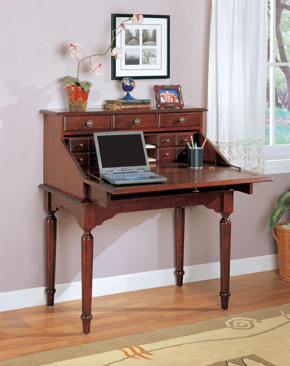 Secretary Desk: Cherry Turned Legs Antique Style Laptop Desk