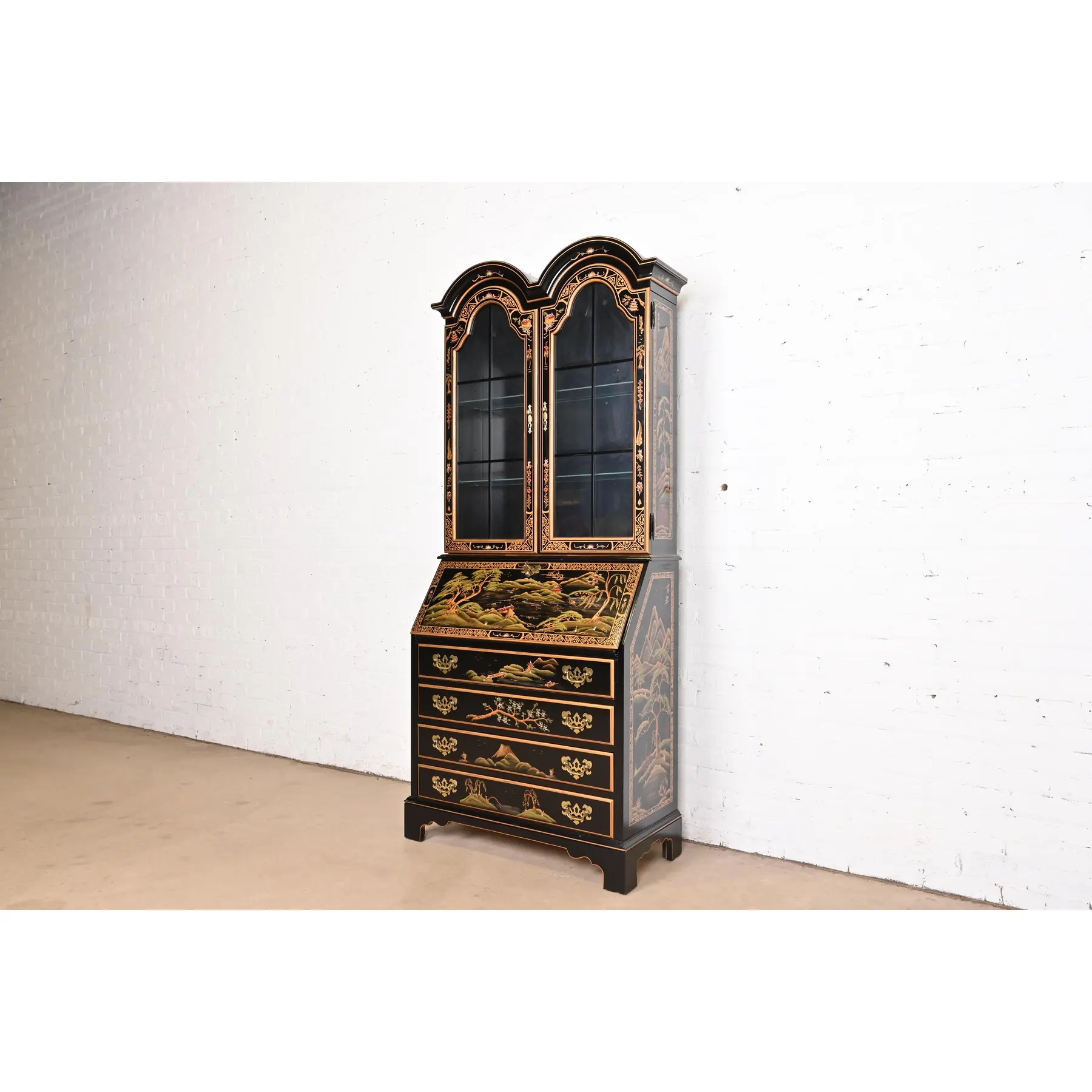Secretary Desk Chinoiserie Hand Painted Landscapes in Black