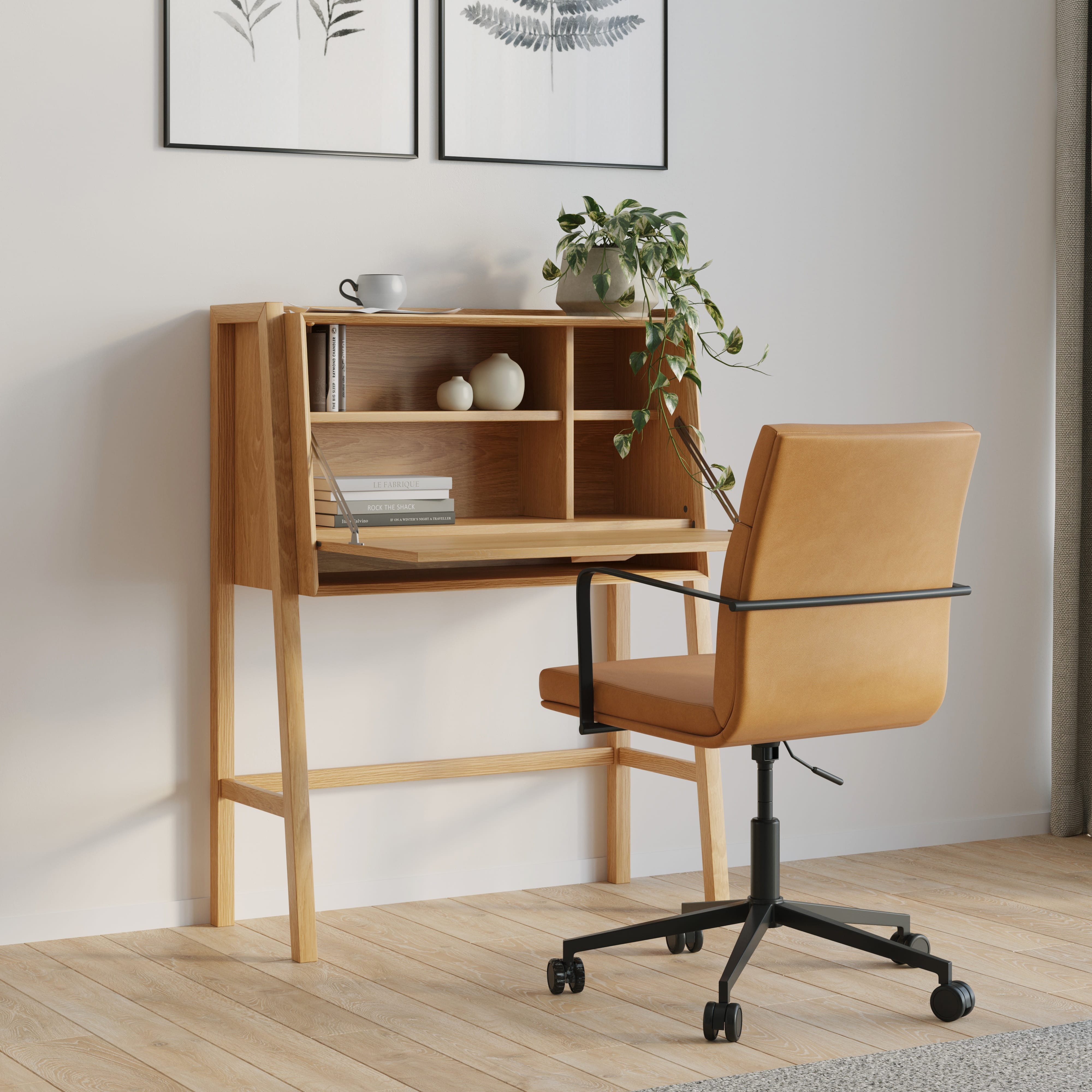 Secretary Desk: Cognac Upholstery Minimalist Wood Workstation