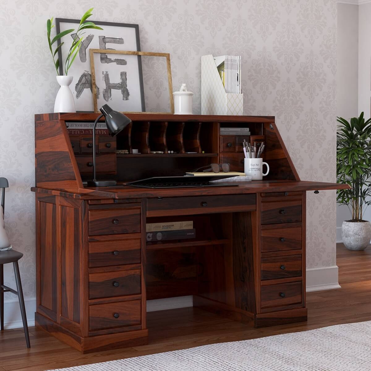 Secretary Desk: Colonial Natural Grain Reddish Brown Wooden Workstation