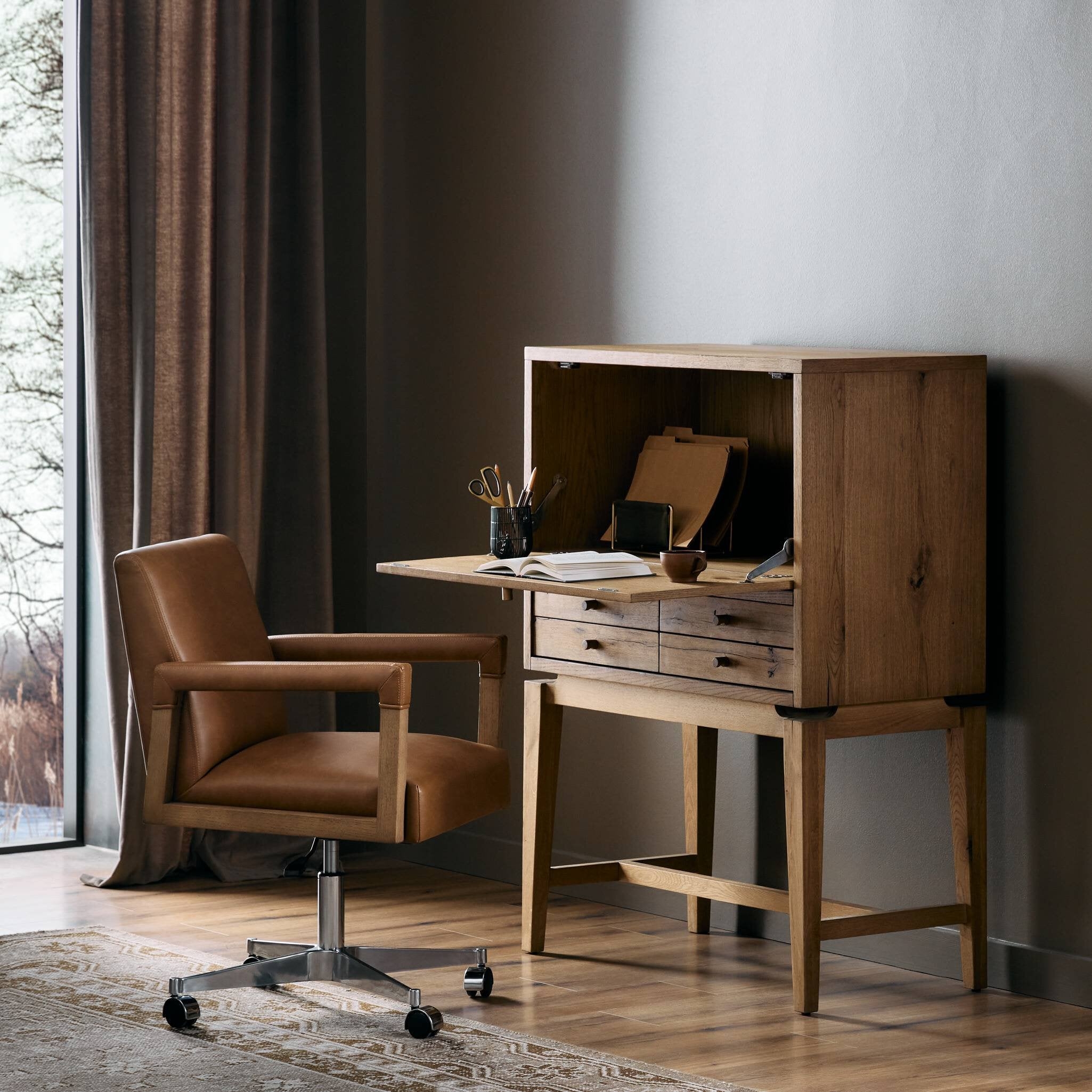 Secretary Desk: Compact Workspace Leather Swivel Office Chair