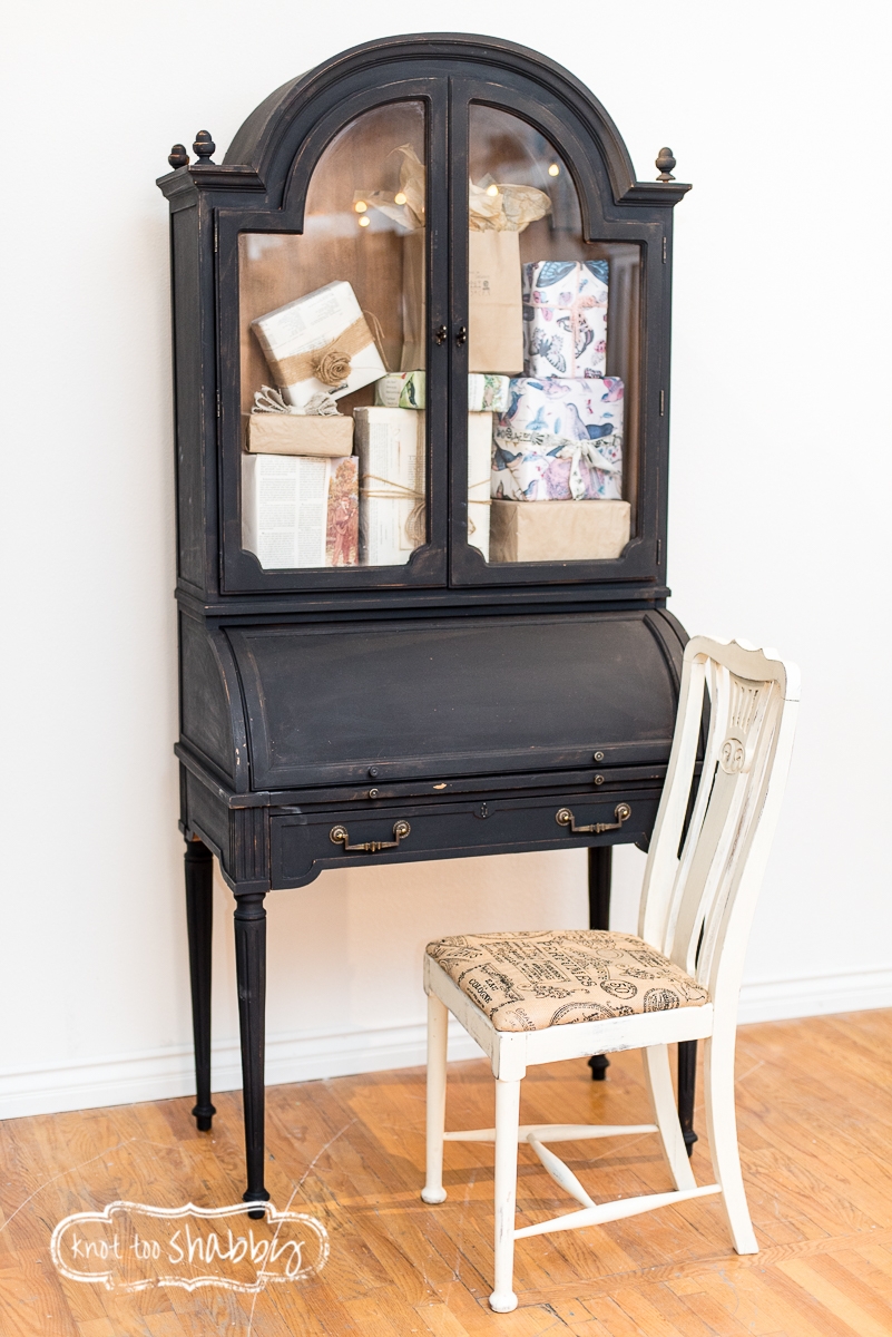 Secretary Desk Featuring Arched Glass Hutch in Shabby Chic