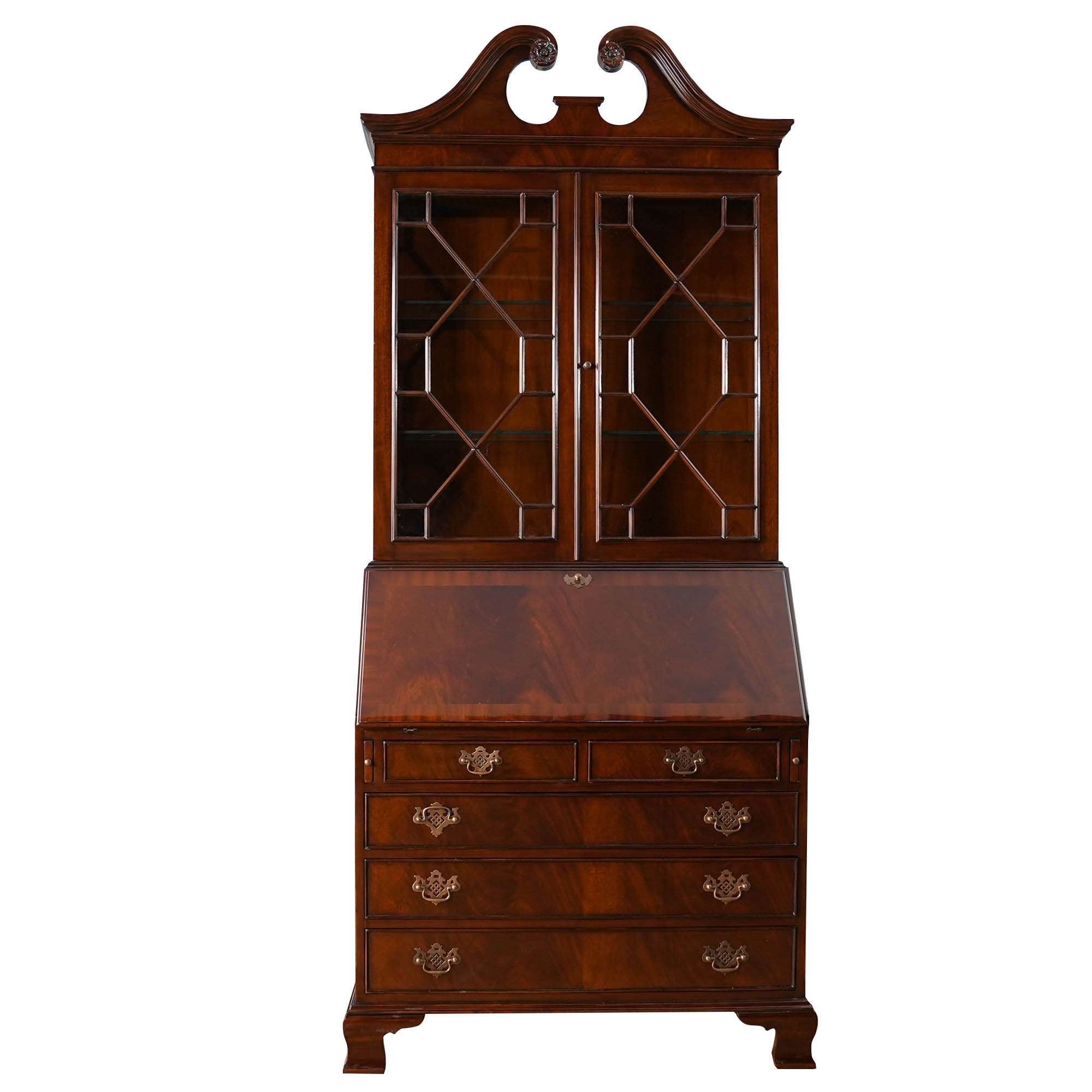 Secretary Desk: Geometric Mullions Glass Door Mahogany Bookcase