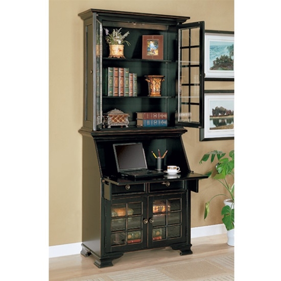 Secretary Desk in Distressed Black Finish with Glass Top