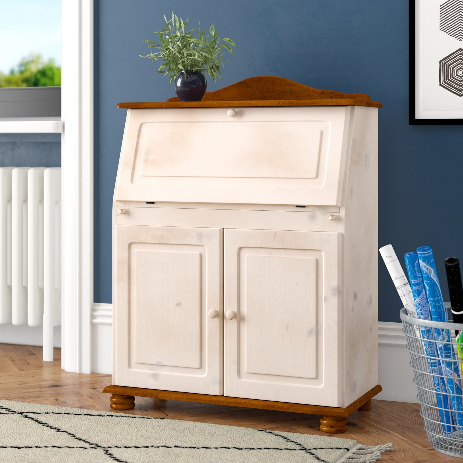 Secretary Desk in Two Tone Finish with Whitewashed Body