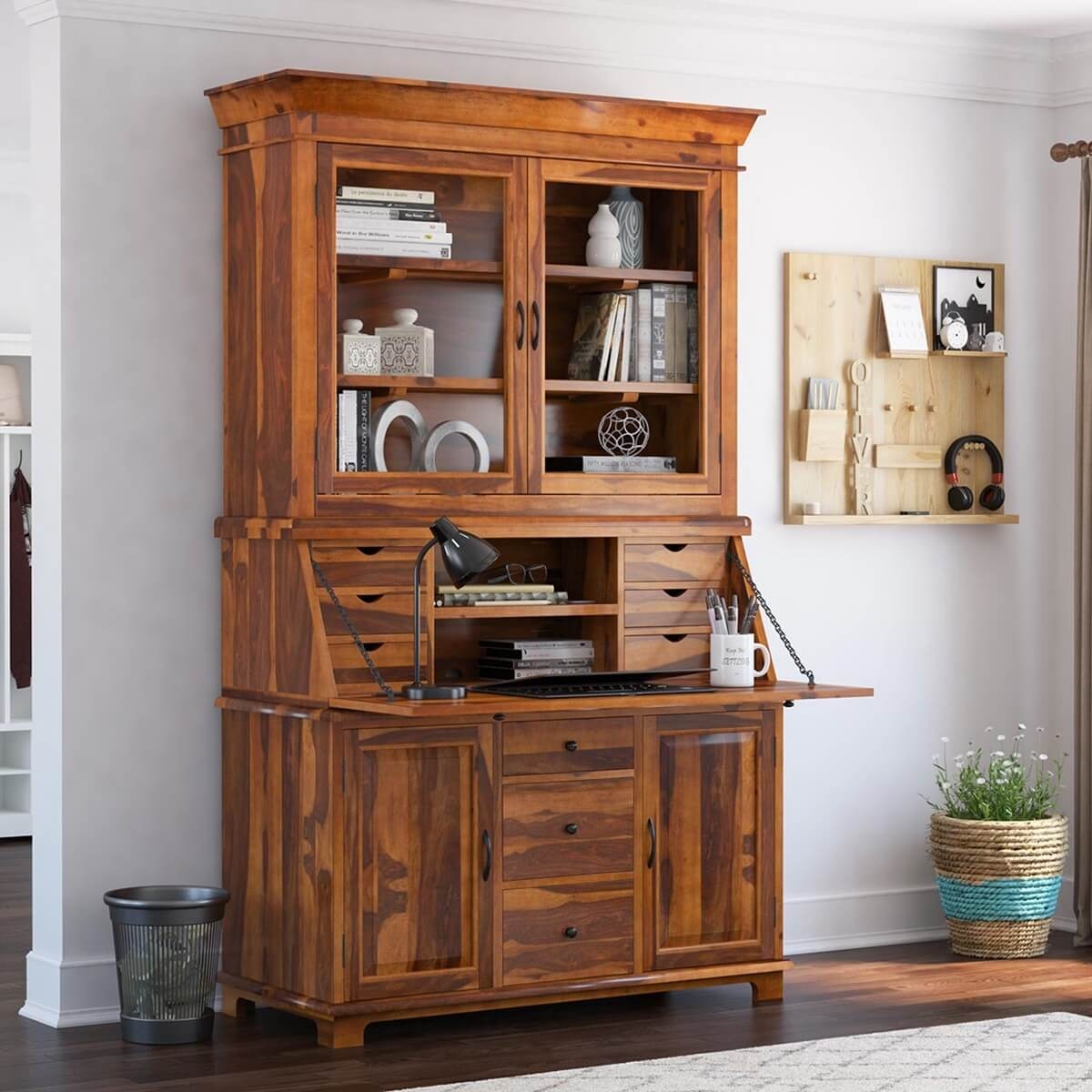Secretary Desk: Multi Tier Storage Drop Front Hutch Storage