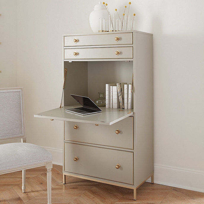 Secretary Desk: Slender Metallic Legs Taupe Home Office Storage