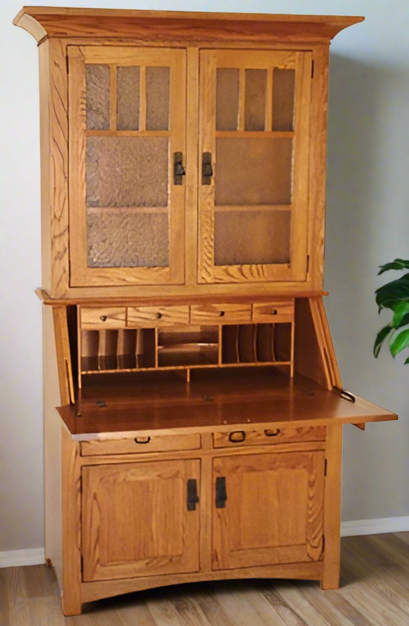 Secretary Desk: Textured Glass Hutch Oak Drop Front Desk With Hutch