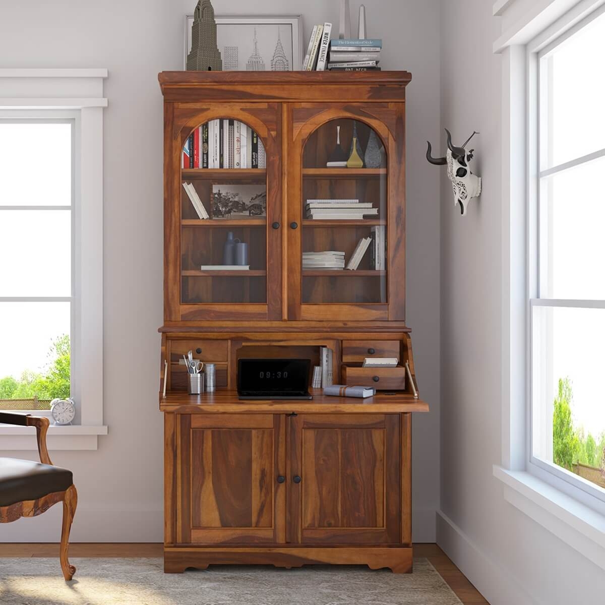 Secretary Desk with Arched Hutch Doors in Honey Brown Wood