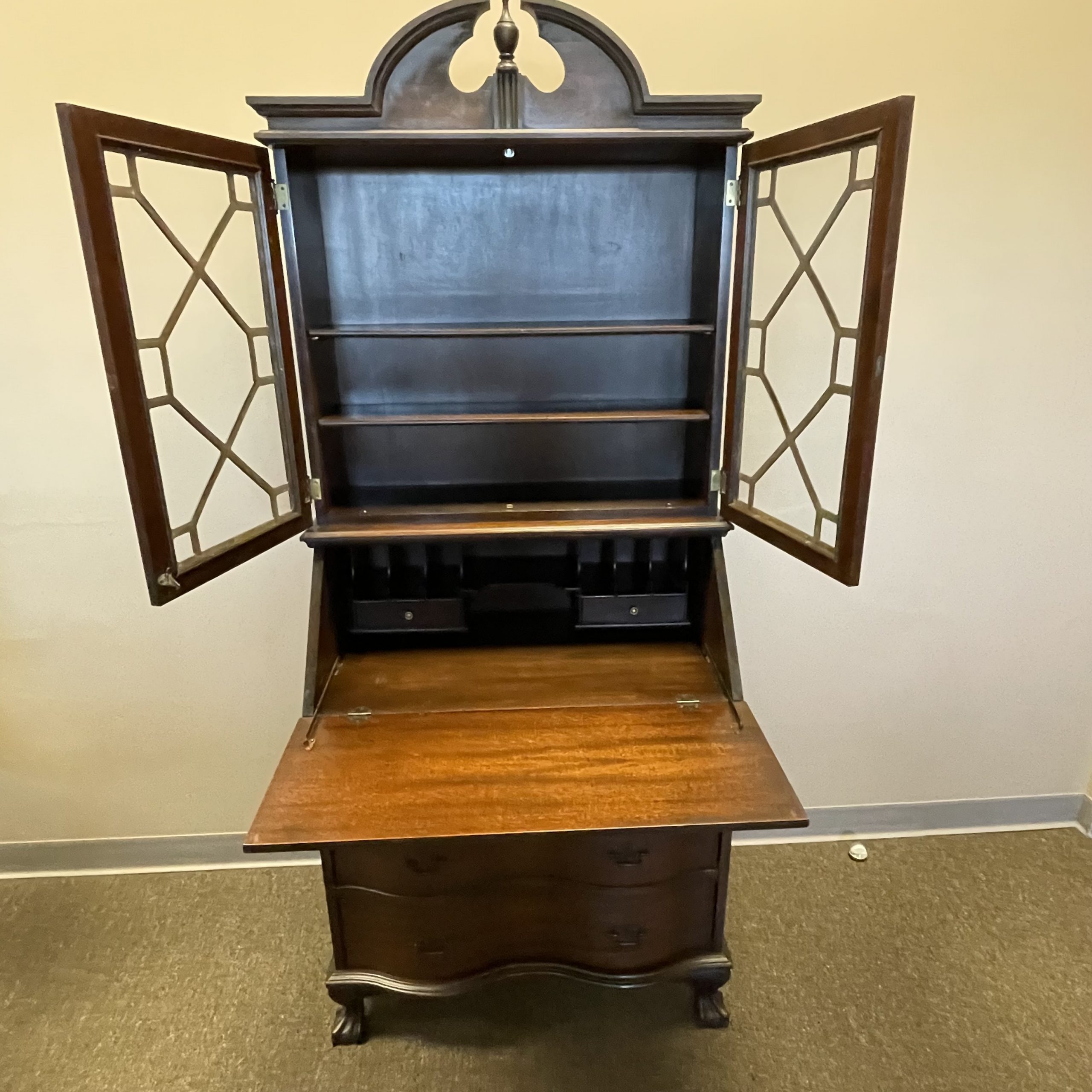 Secretary Desk with Geometric Fretwork and Walnut Finish