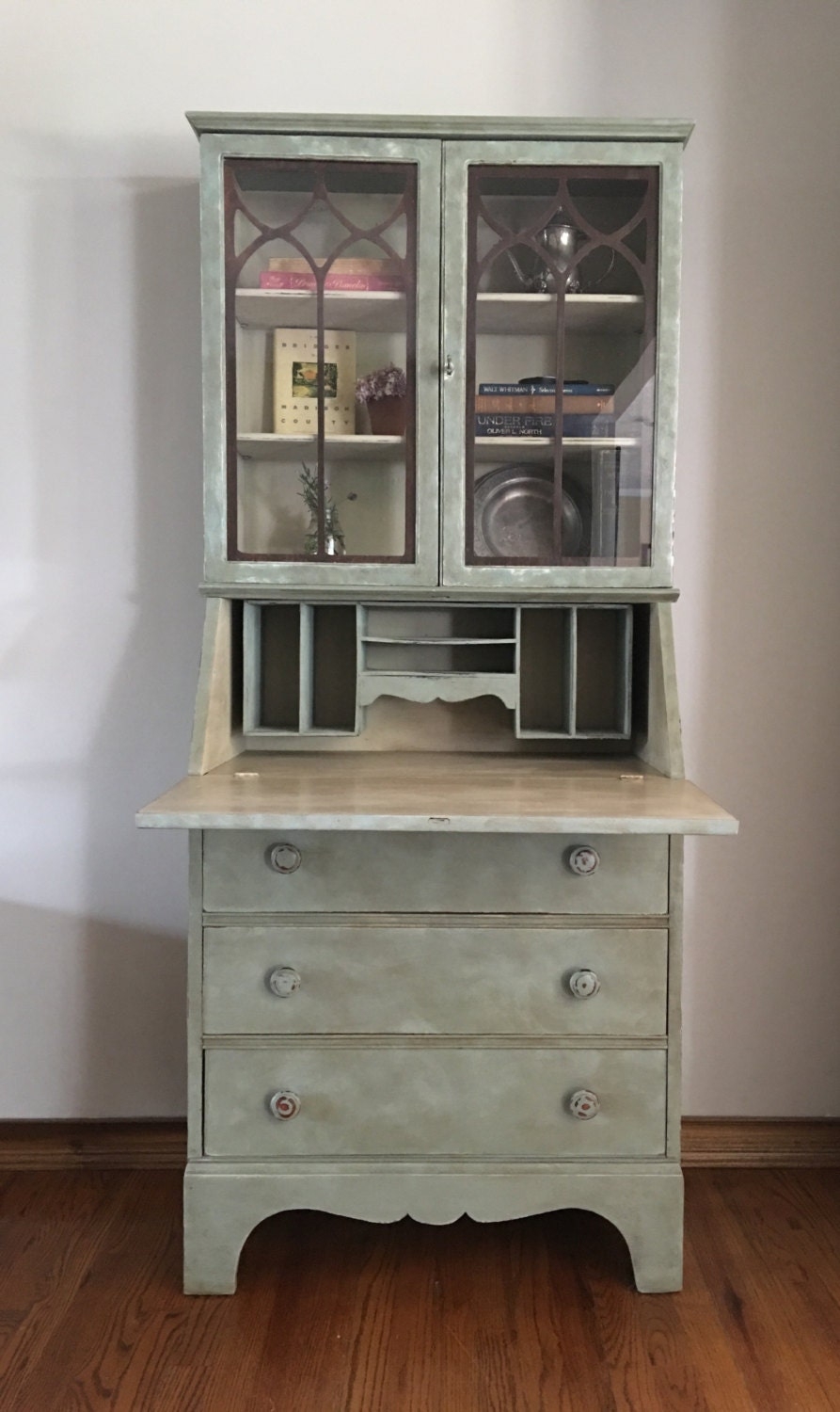 Secretary Desk with Gothic Muntins in Sage Green Finish