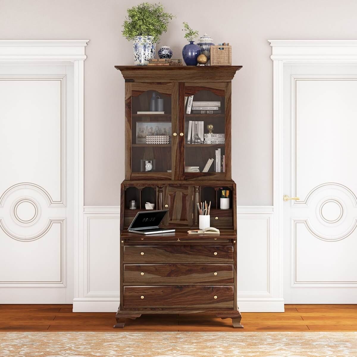 Secretary Desk with Rich Grain Wood and Drop Front Hutch