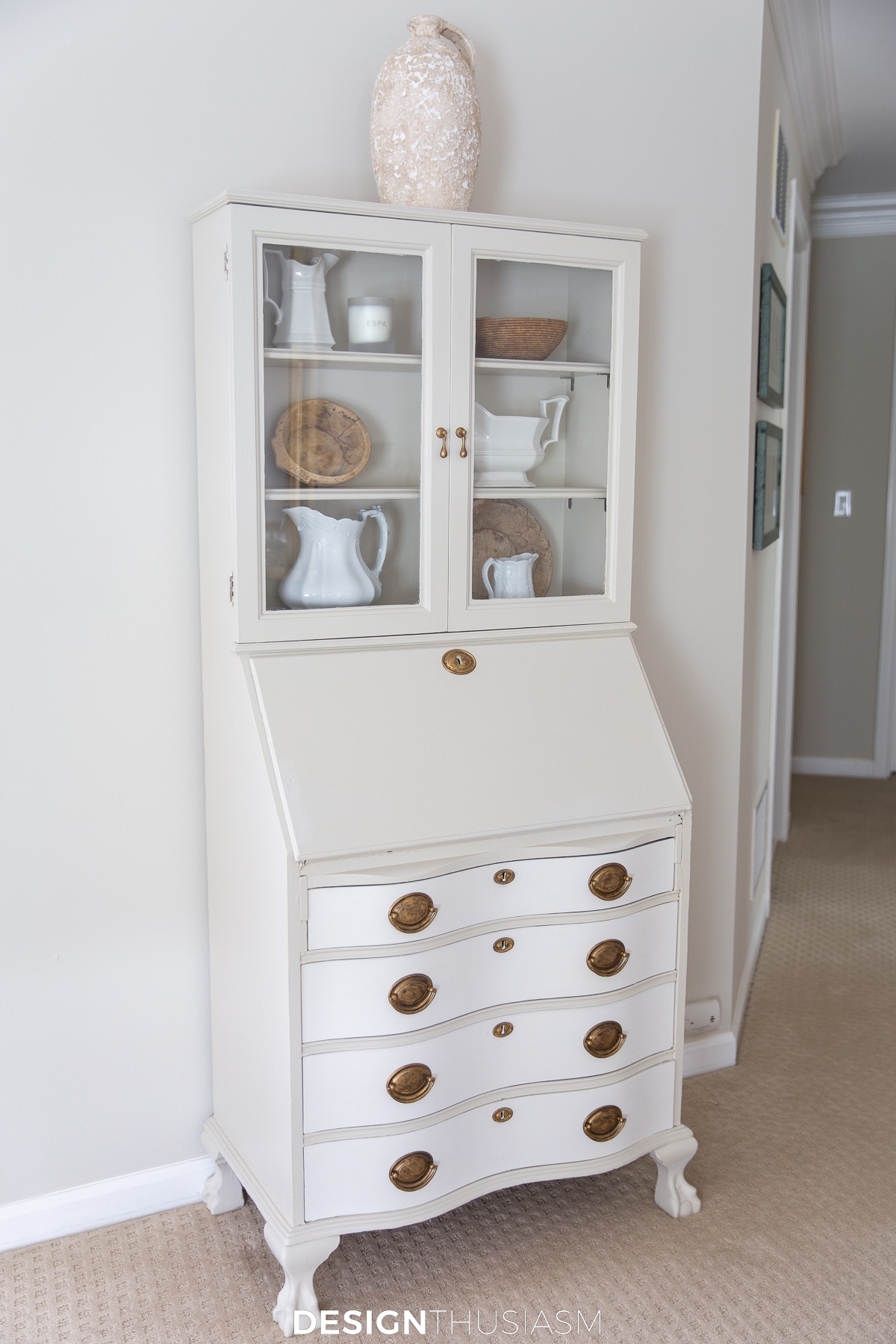 Secretary Desk with Serpentine Drawers in Cream White Finish