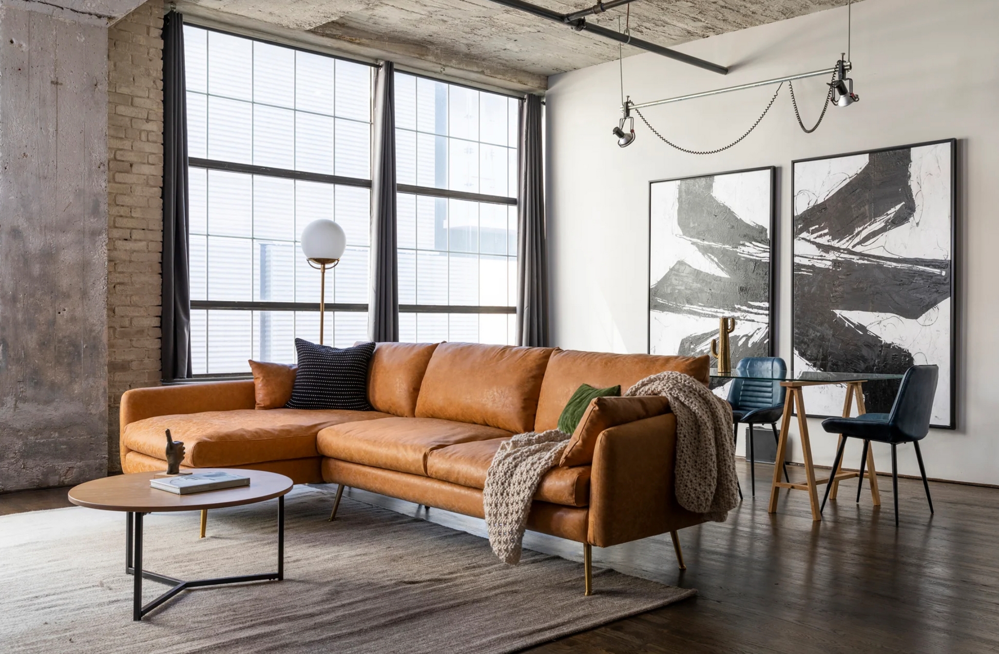 Sectional Couch Brownish Orange Gold Legs Industrial Seating