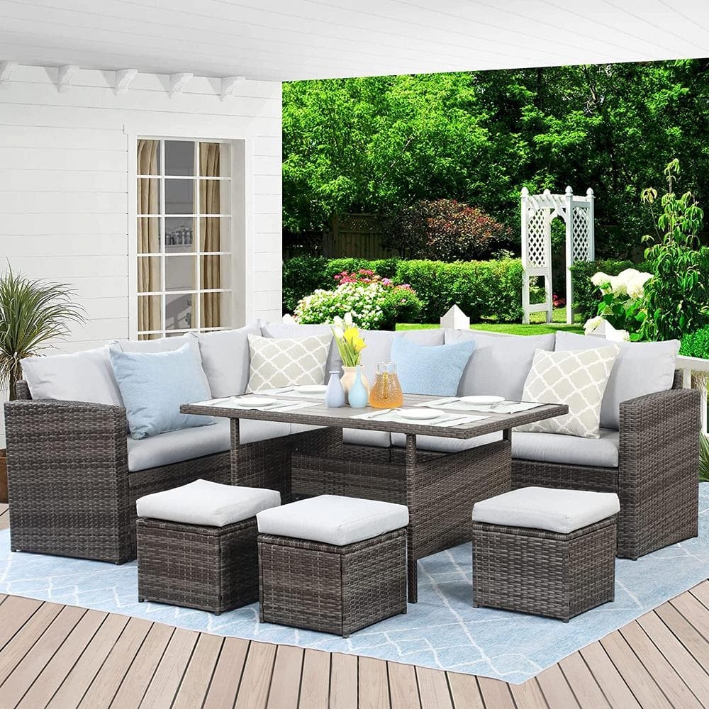 Sectional Dining Set with Matching Ottomans and Wicker