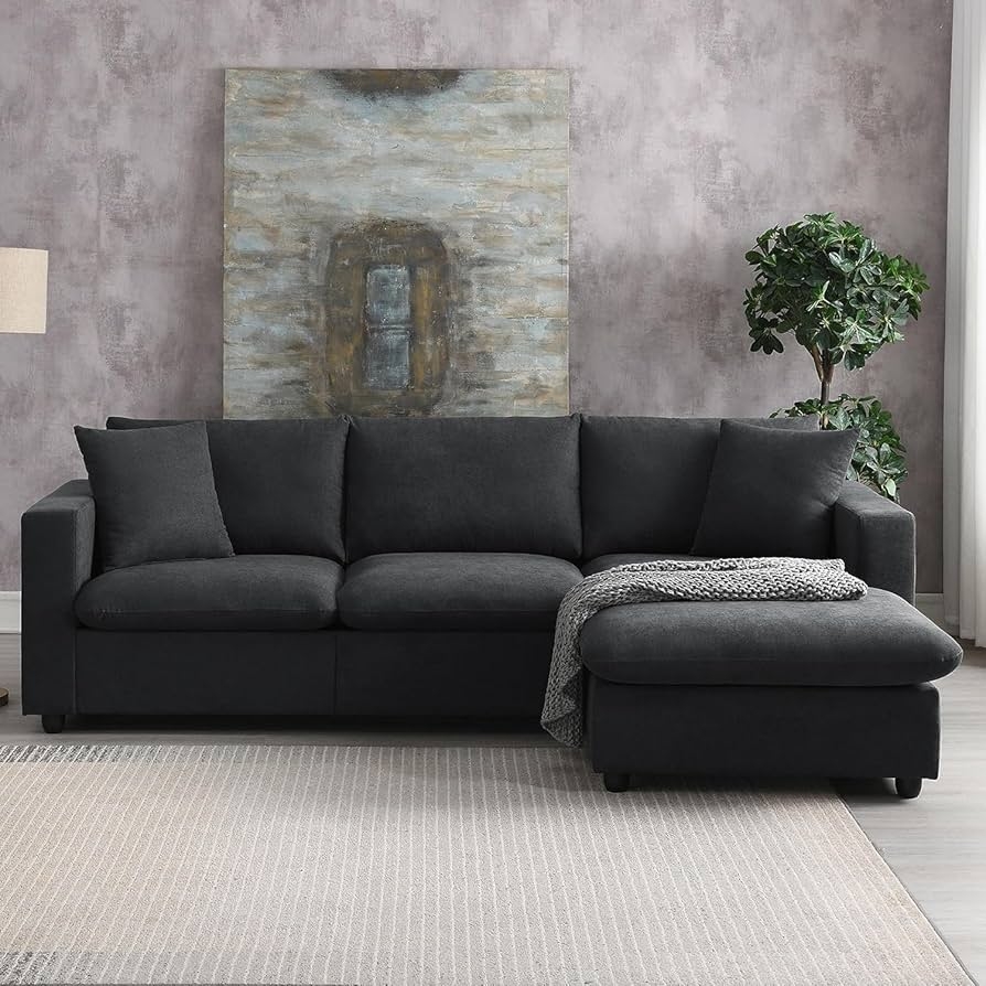 Sectional Sofa Block Arm Design Charcoal Overstuffed Couch