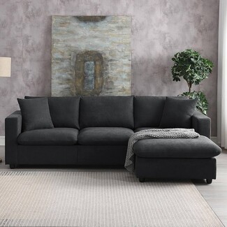 Sectional Sofa Block Arm Design Charcoal Overstuffed Couch