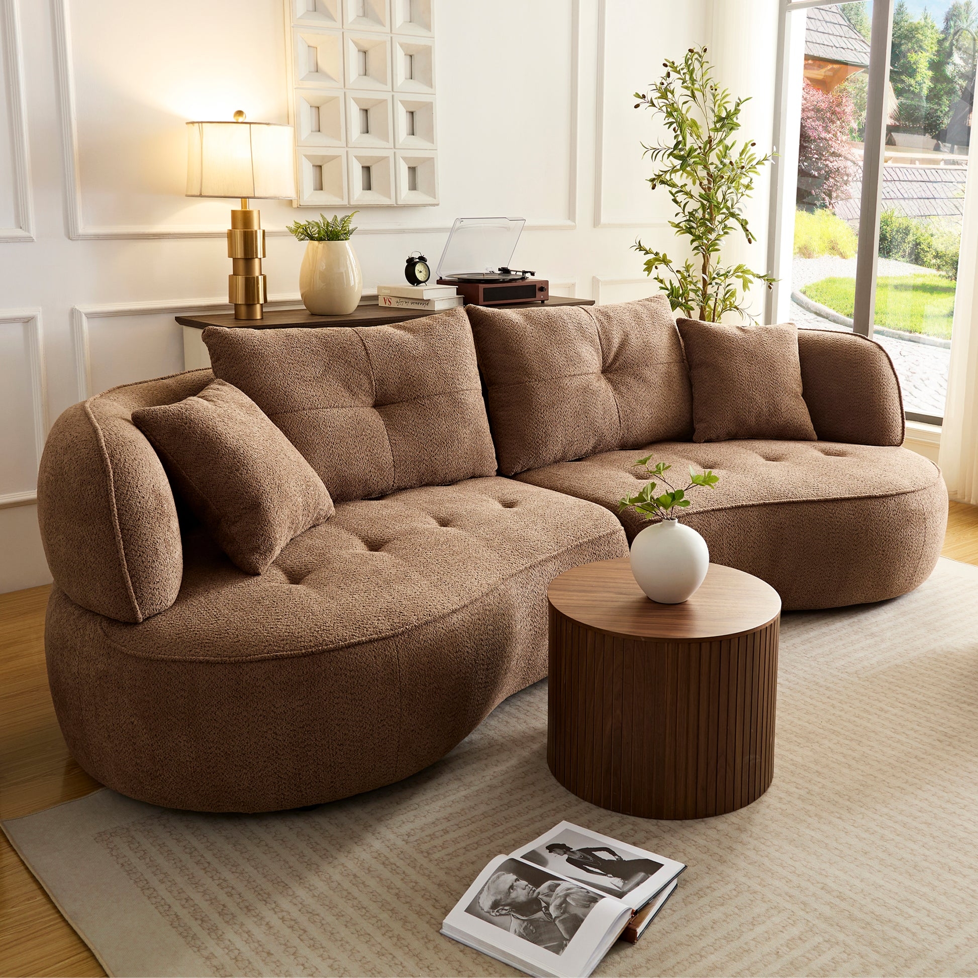 Sectional Sofa Button Tufted Seat Brown Curved Sectional