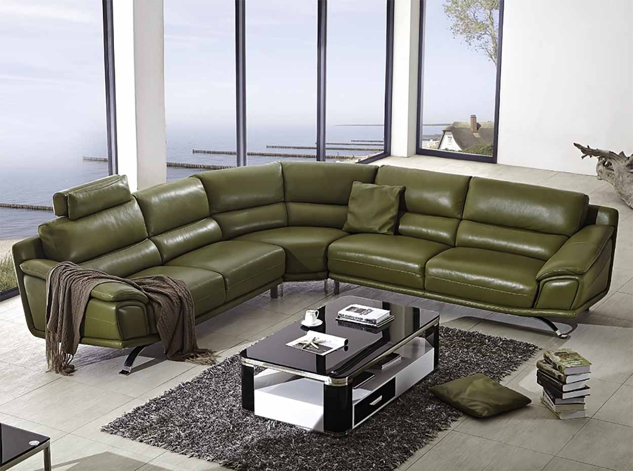 Sectional Sofa: Chrome Metal Legs Olive Leather