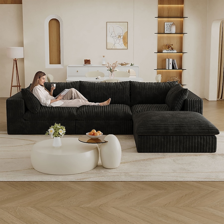 Sectional Sofa Corduroy Fabric Double-Layer Deep Seat Cloud
