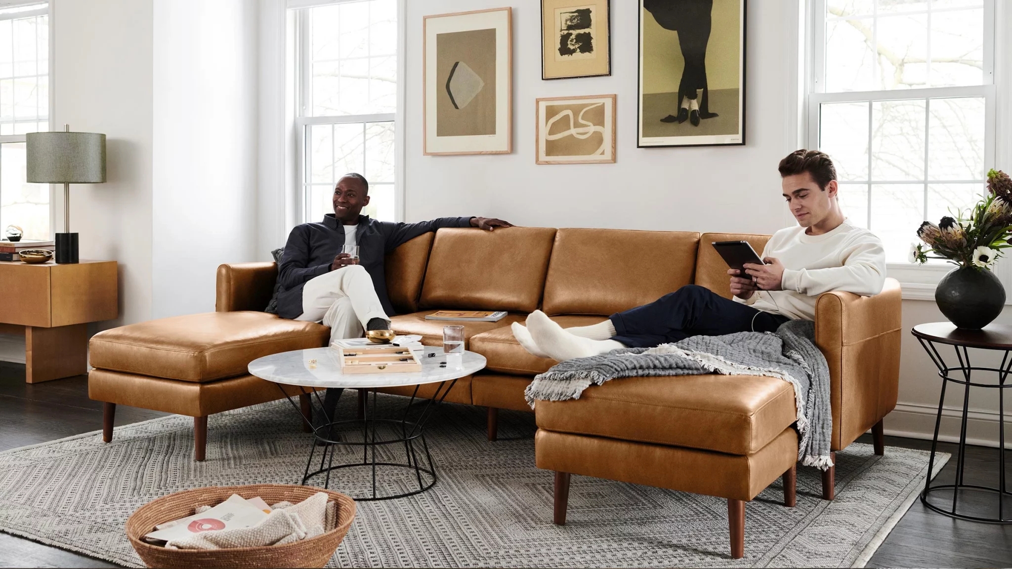 Sectional Sofa in Caramel Tan with Wire Base and Marble Top Table