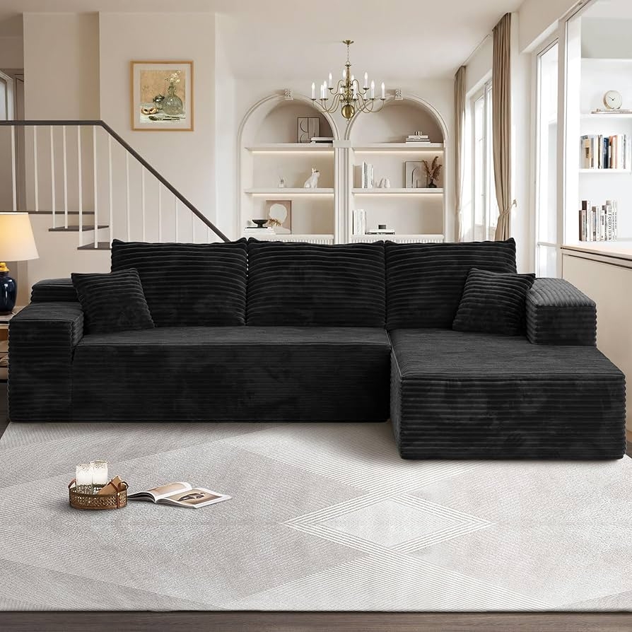 Sectional Sofa L-Shaped Chaise Ribbed Low Profile Couch
