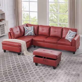 Sectional Sofa L-Shaped Sofa With Storage Ottoman In Vibrant Red