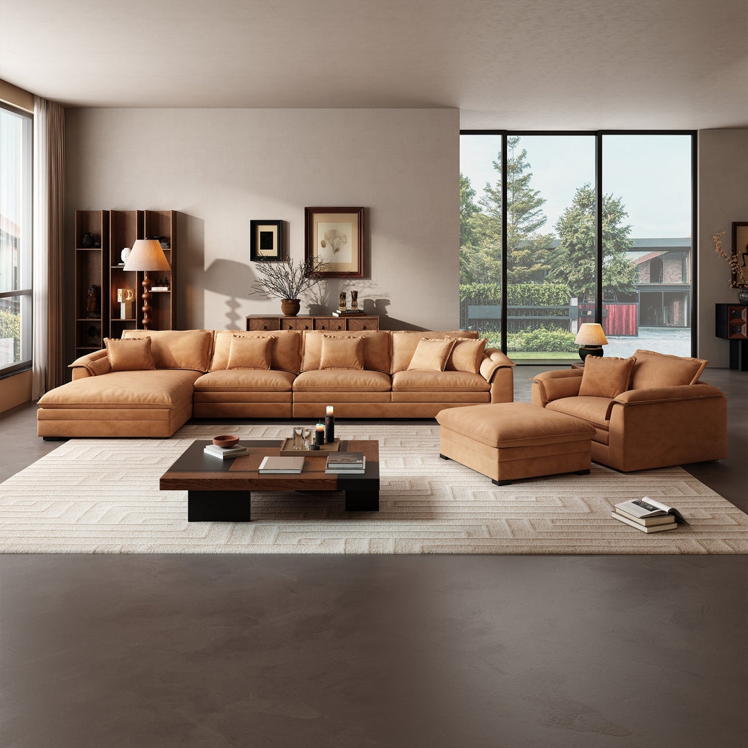 Sectional Sofa Low Profile Tan Leather-Look Sectional