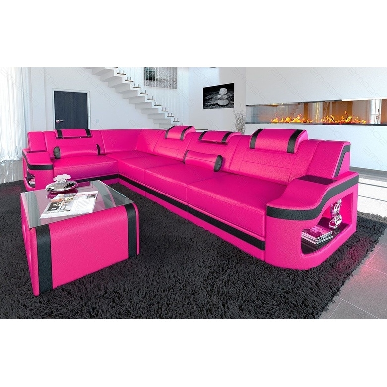 Sectional Sofa Pink Sectional With LED Lighting Storage