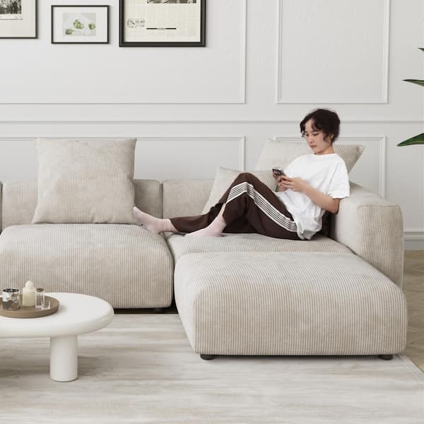 Sectional Sofa Square Arm Beige Corduroy Sectional