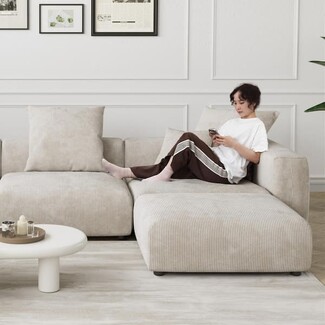 Sectional Sofa Square Arm Beige Corduroy Sectional