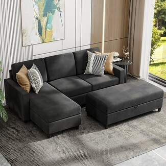 Sectional Sofa Storage Ottoman Reversible Linen Chaise